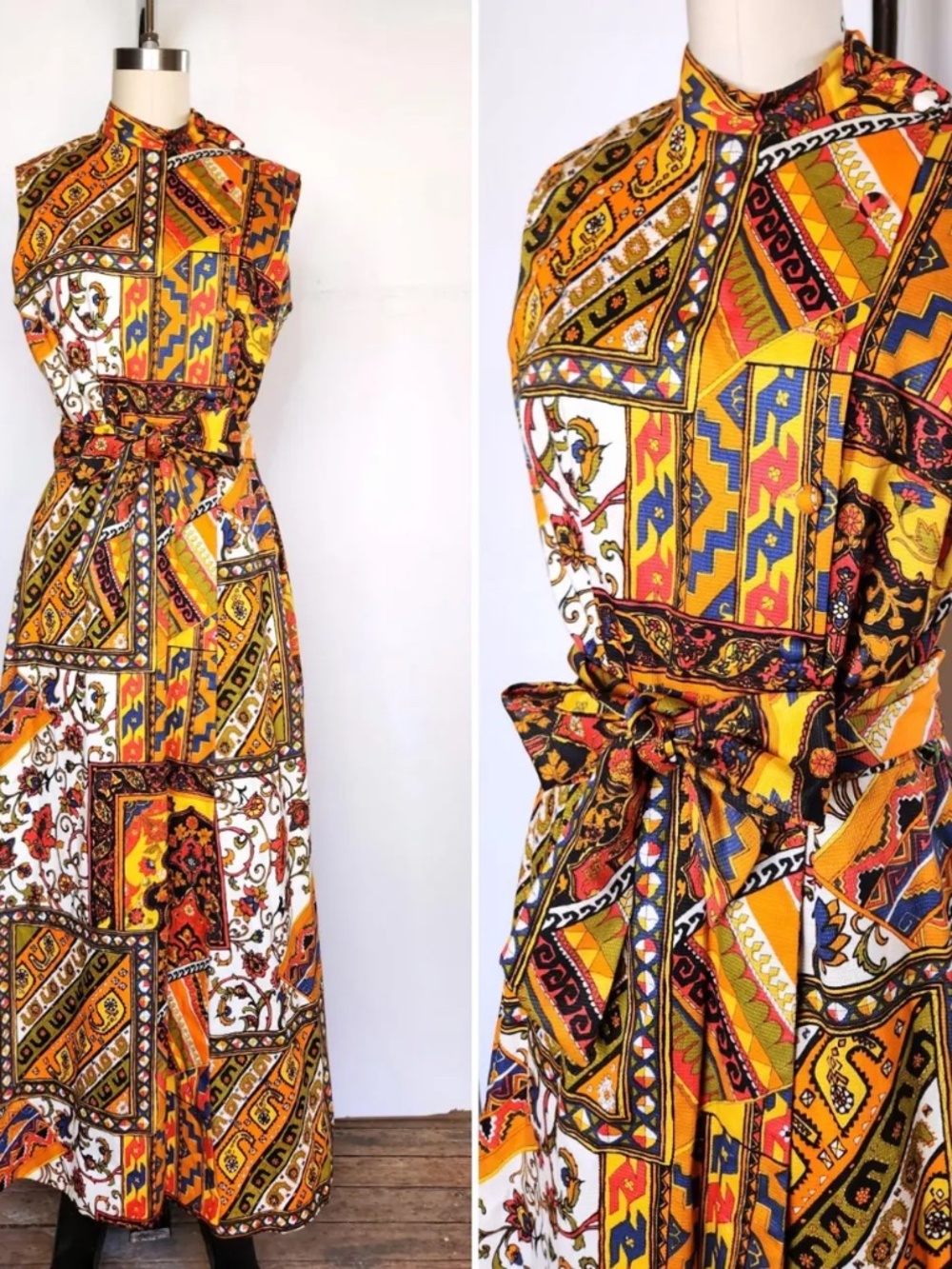 70s Psychedelic Floral & Geometric Jumpsuit Dress Colorful Wide Leg Boho Wedding